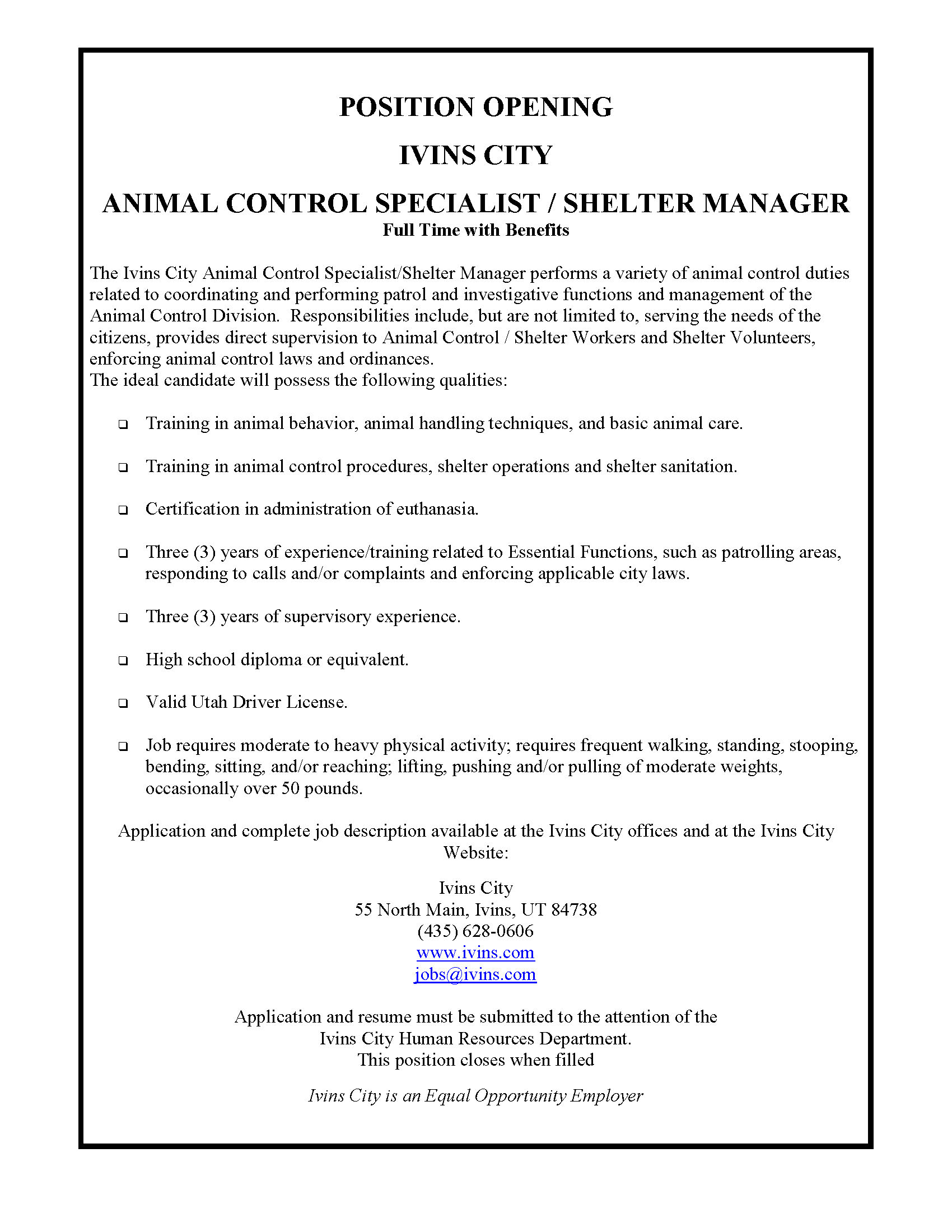 Animal Control Specialist – Shelter Manager Posting | Ivins City